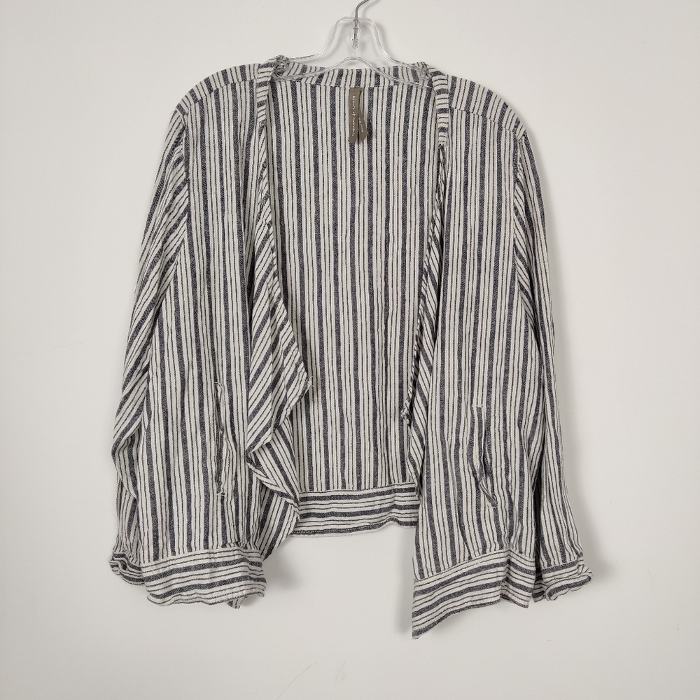 Penningtons Women's Striped Open Front Cardigan in Blue White Size 3X Linen Boho